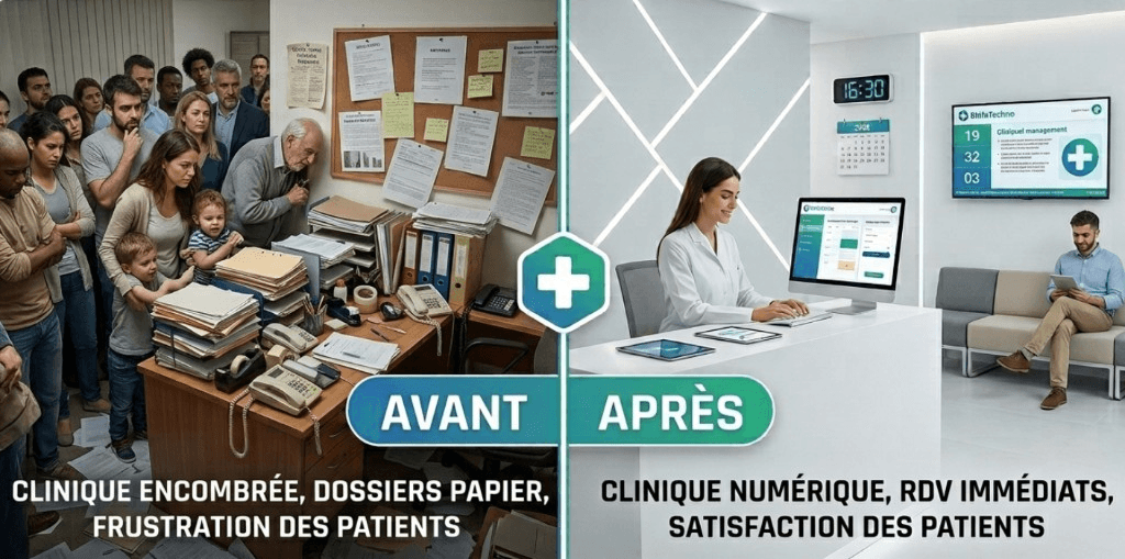 Avant / après : clinique encombrée, dossiers papier et frustration des patients, face à une clinique numérique ShifaTechno avec rendez-vous immédiats et satisfaction des patients.
